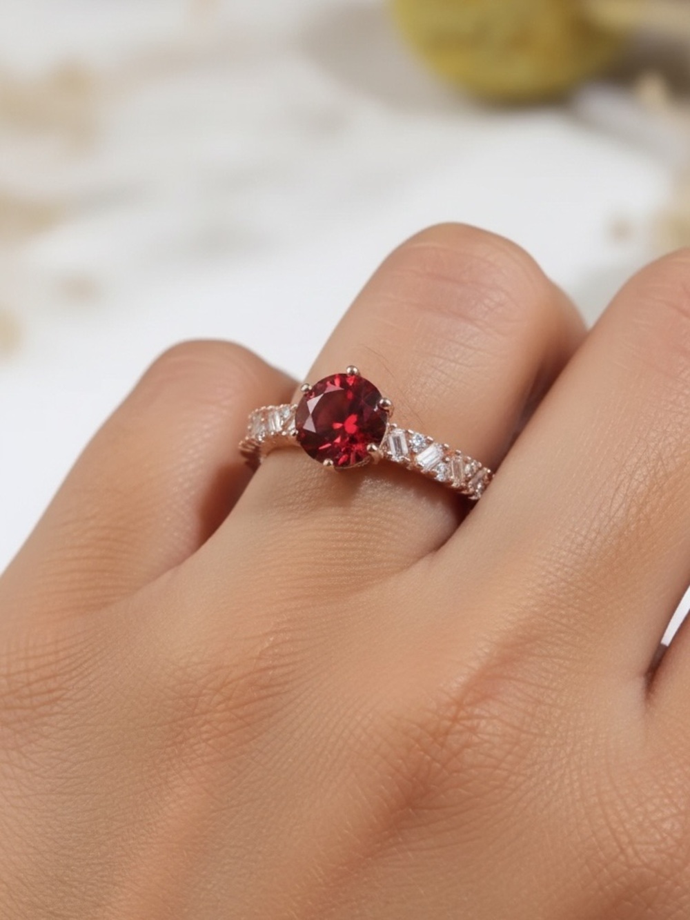 Rose Gold Plated Ring with Red Moissanite Stone. - Picture 7 of 10